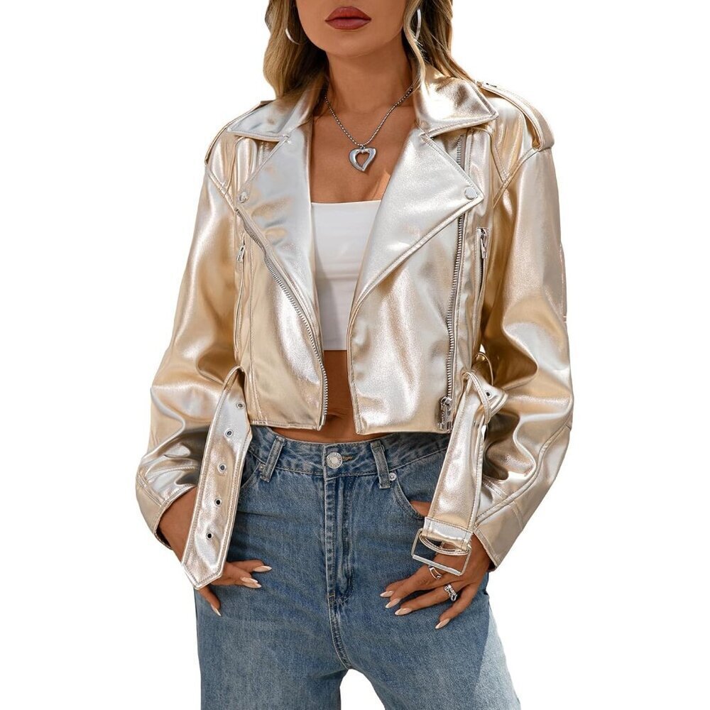 Women's Gold Faux Leather Cropped Jacket Vegan Motor Biker Coat with Belt